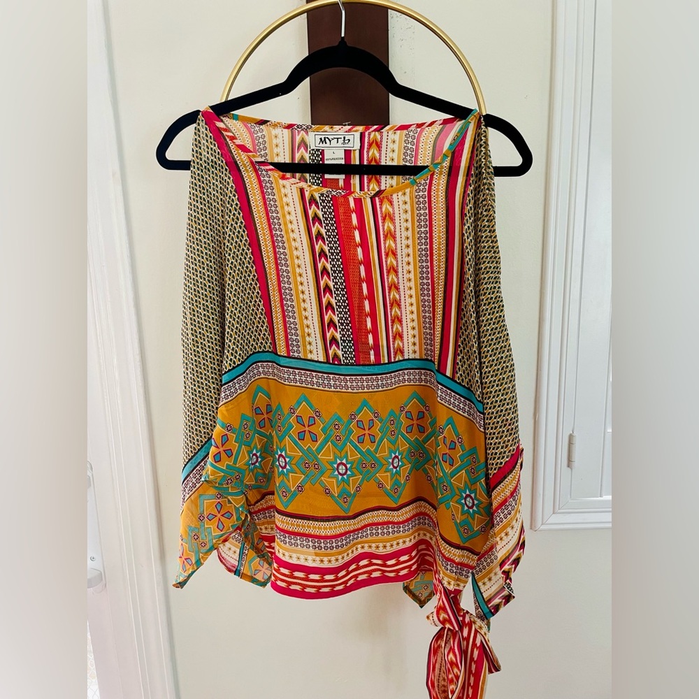 Multi-Color Printed Boho Blouse - Yellow & Teal